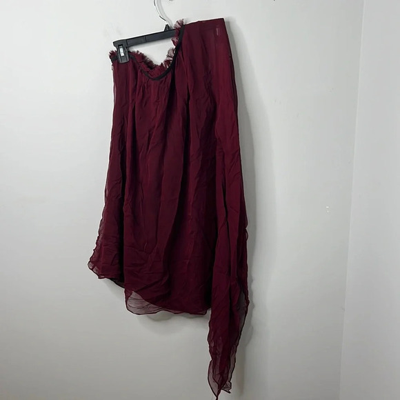 JayGodfrey Burgundy Silk One Shoulder Drape Frayed Mini Dress - Picture 2 of 6